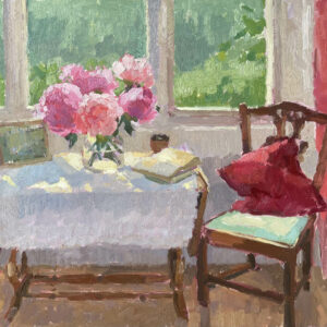 Clare Bowen - Pink Peonies & Red Cushion